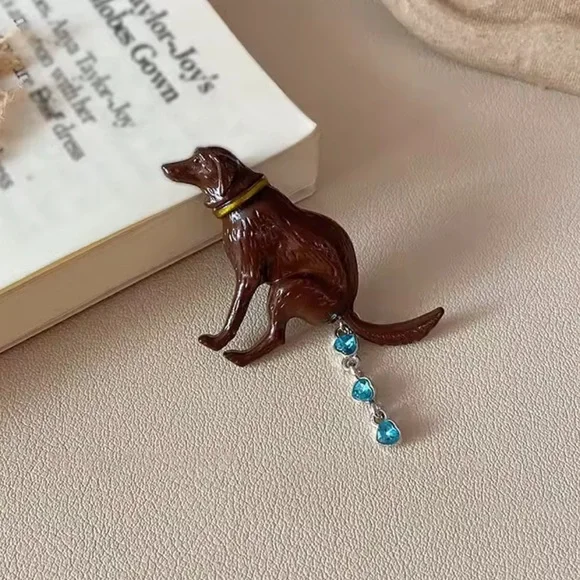 Pooping Brown Dog Brooch with Blue Accents - Picture 3 of 7
